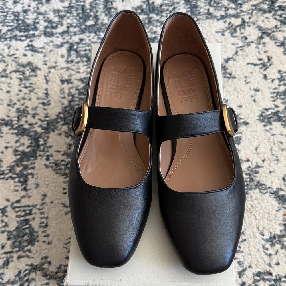 Naturalizer Black Mary Jane Flats with Gold Buckle Strap